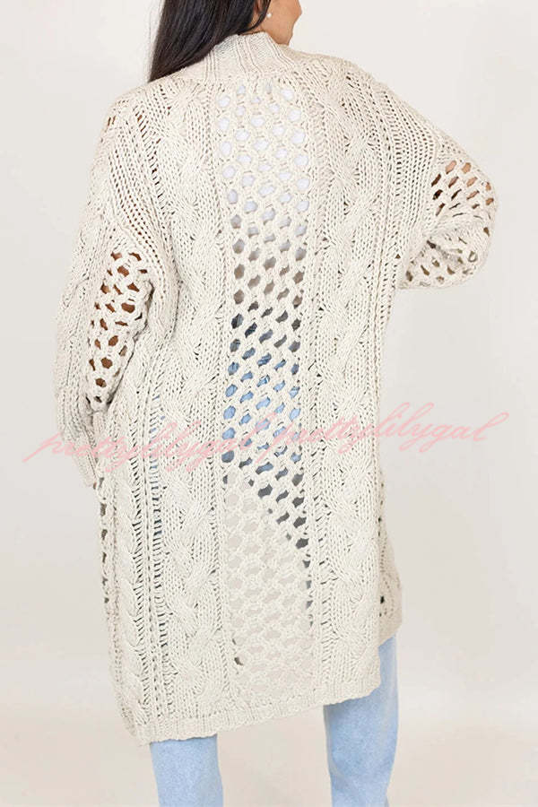 Jamila Knit Cable Cotout Long Sleeve Pocket Oversized Midi Cardigan