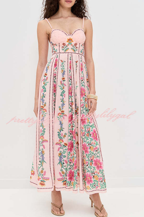Delicate Forest Unique Print Sweetheart Neck Beaded Straps Maxi Dress   prettylilygal