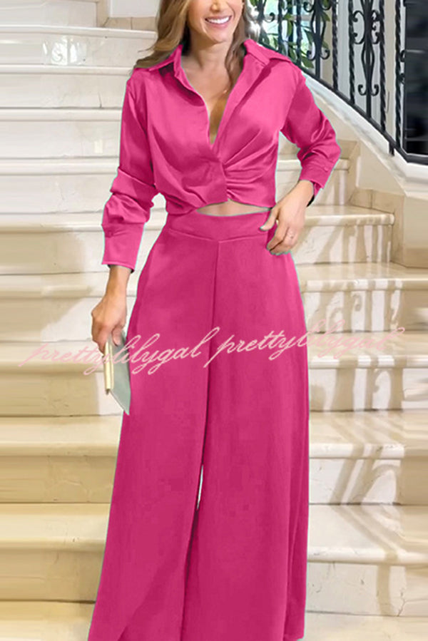 Satin Solid Color Lapel Long Sleeve Blouse and Loose-fitting Pocket Wide Leg Pants Set