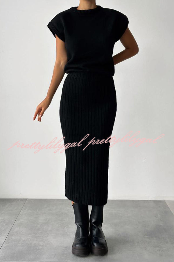 Triko Knit Short Sleeve Sweater and Stretch Ribbed Midi Skirt Set