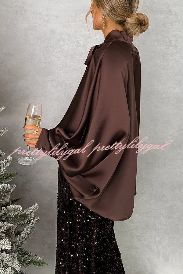 Chic and Merry Satin Bow Neck Batwing Sleeve Loose-fitting Blouse