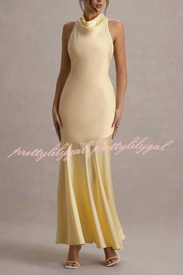 Timeless Sophistication Satin Cowl Detail Back Self-tie Halter Neck Maxi Dress