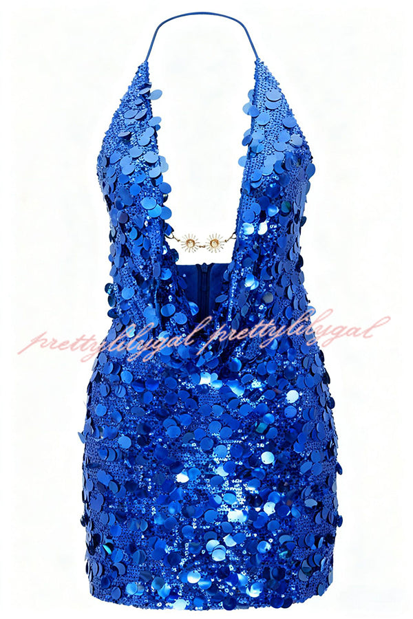 Sexy Halter Neck Sequined Open Back Mini Dress