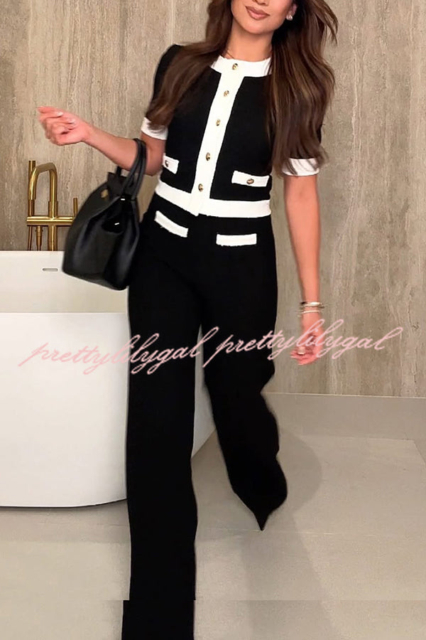 Fashion Contrast Color Stretch High Waist Casual Straight Pants