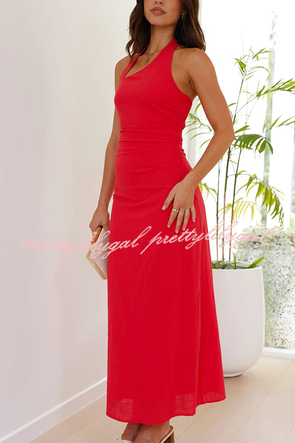 Solid Color Sleeveless Halter Neck Backless Slim Fit Maxi Dress