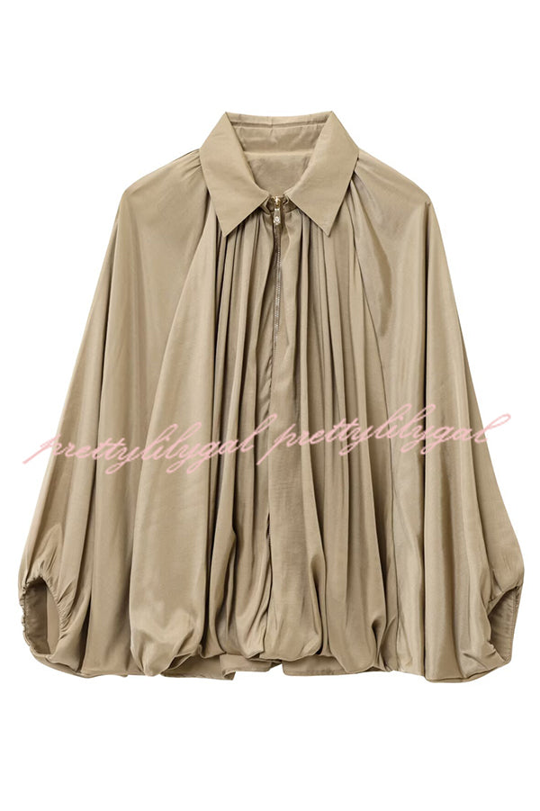 Fashion Lapel Loose Puff Long Sleeve Casual Zipper Jacket