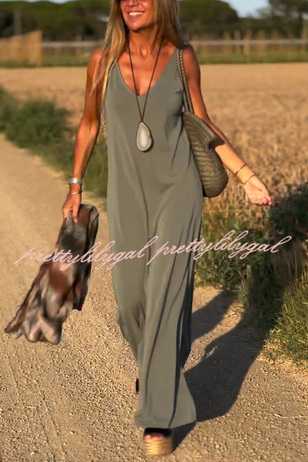 Solid Color V-neck Sleeveless Casual Loose Maxi Dress