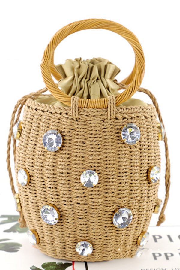 Fashionable Imitation Rhinestone Embellished Casual Barrel Rattan Bag