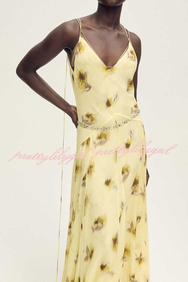 Sunset Glow Floral Print V-neck Thin Straps Flare Hem Maxi Dress