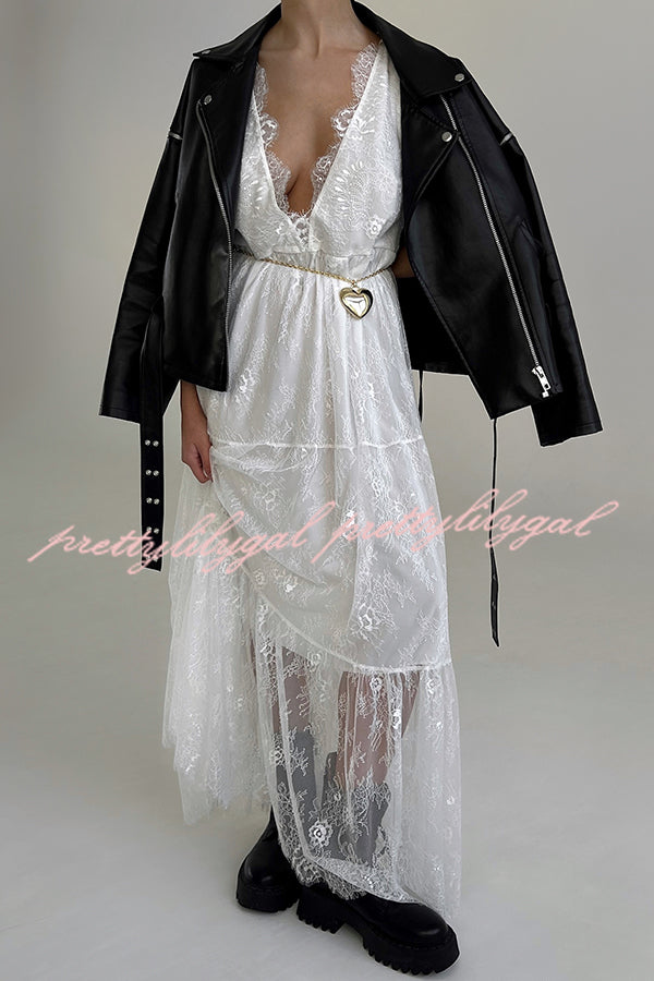 Fashionable Sheer Lace V-neck Backless Elegant Maxi Dress