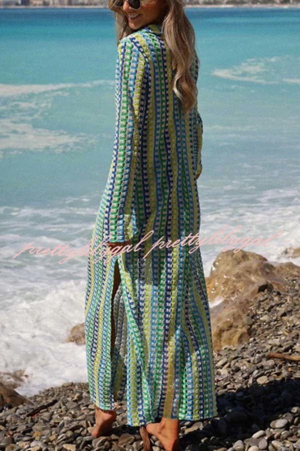Eleanor Knit Colorful Wave Unique Print Shirt U-neck Long Sleeve Slit Maxi Dress