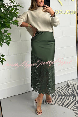 It's Your Night Solid Satin Lace Hem Midi Skirt