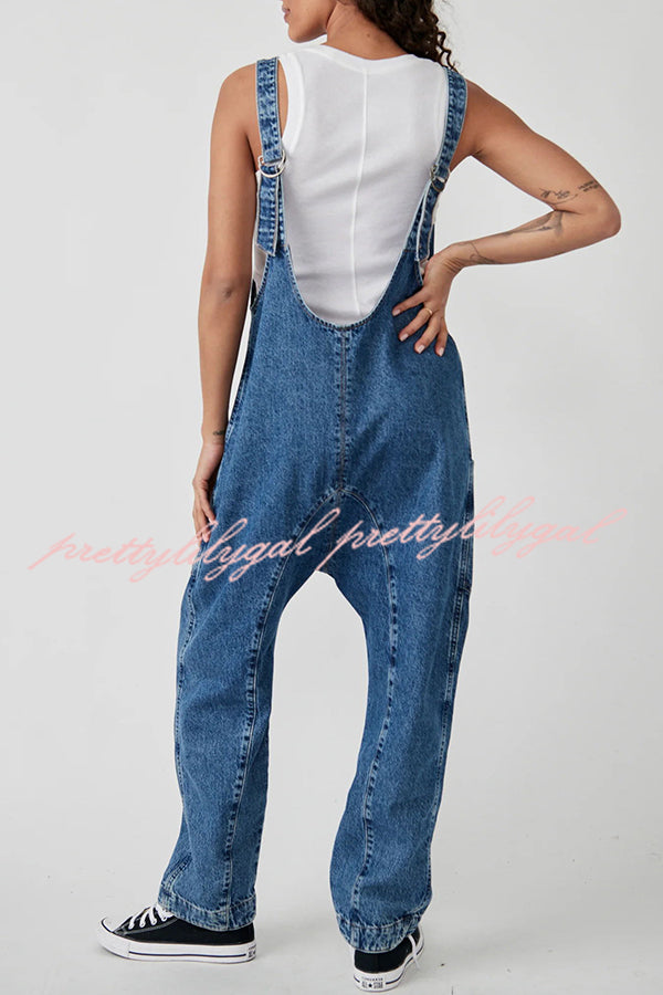 Pocket V Neck Suspender Denim Jumpsuit