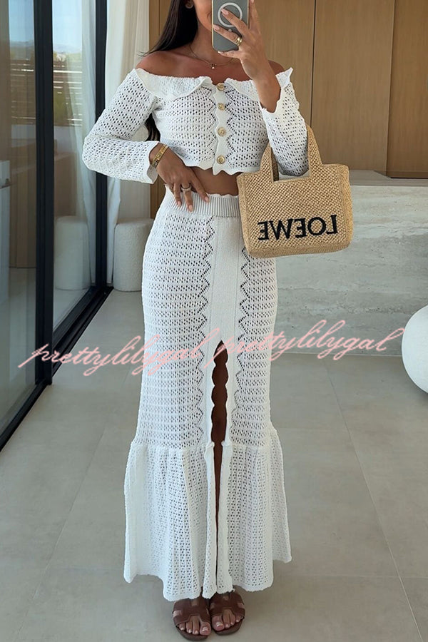 Fashion Knitted Off-the-shoulder Long-sleeved Top and Elastic Slit Maxi Skirt Set