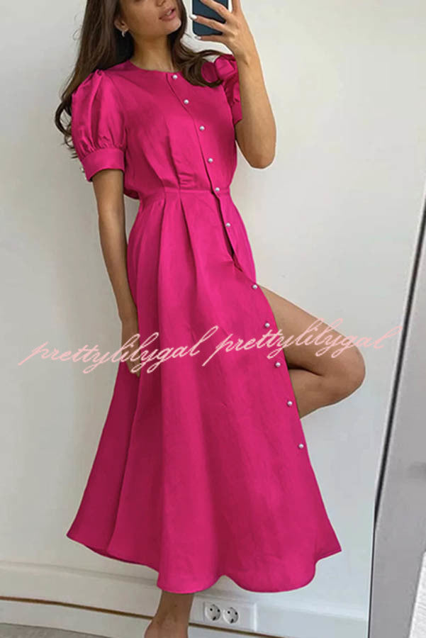 Chic and Classy Vibe Puff Sleeve Pearl Button Slit Midi Dress