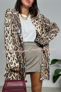 Ignite My Heart Sequin Leopard Print Lapel Oversized Blazer