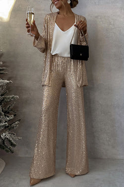 Party Scene Sequin High Rise Elastic Waist Wide Leg  Pants