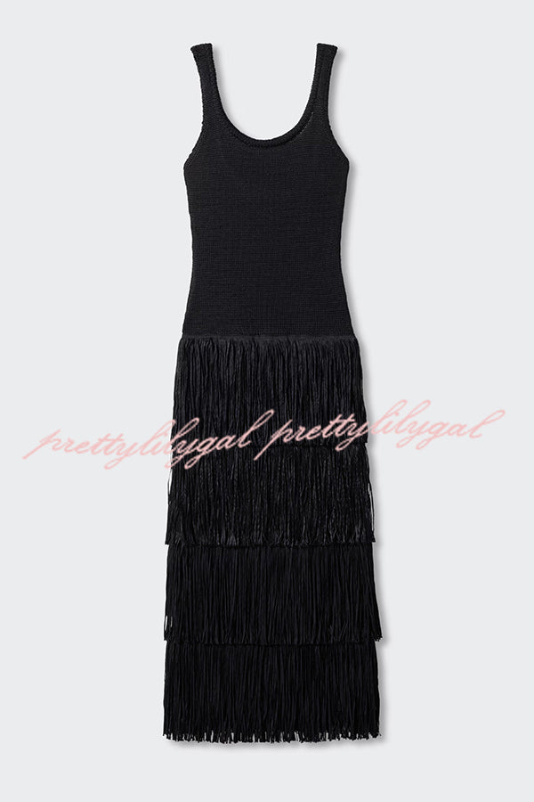 Solid Color Sleeveless Slim Fit Fringed Hem Knitted Midi Dress