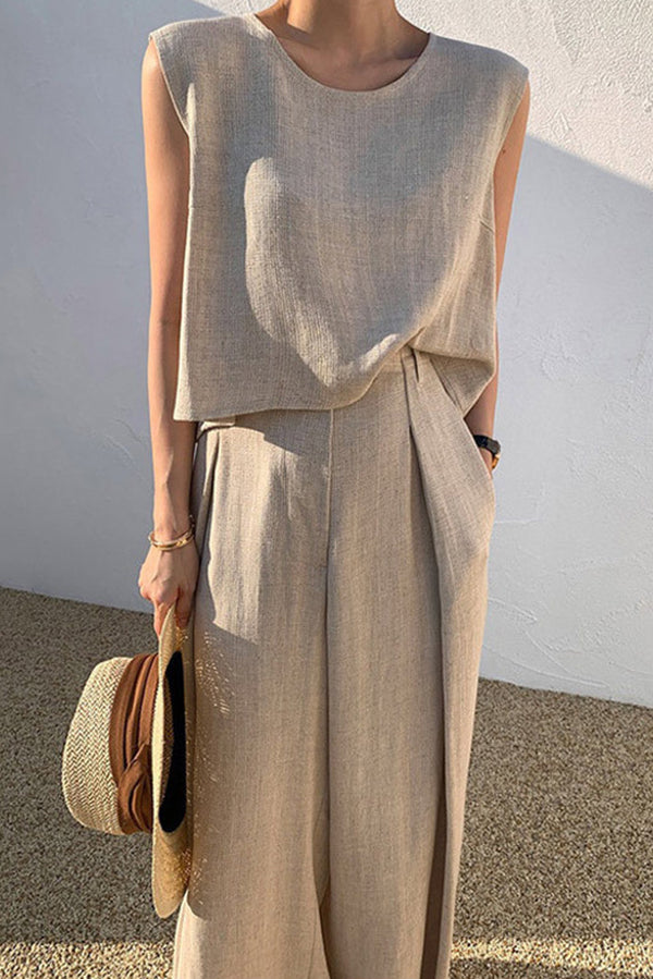 Linen Blend Casual Round Neck Sleeveless Top and Loose Wide-leg Pants Set