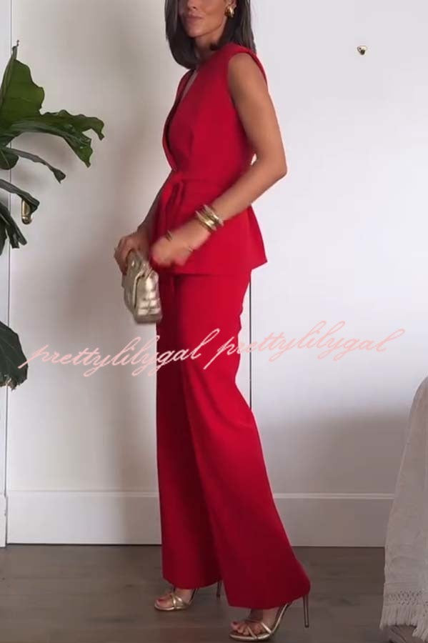 Keep It Classic V-neck Belted Vest and Mid Rise Pocket Wide Leg Pants Set