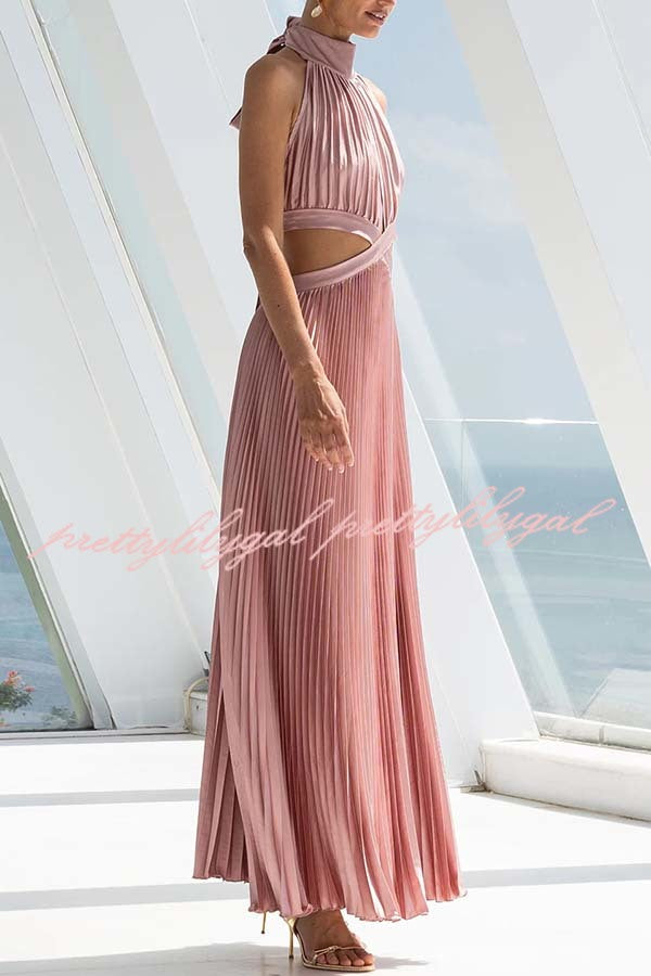 Stunning Choice Satin Pleated Halter High Neck Cutout Waist Backless Maxi Dress