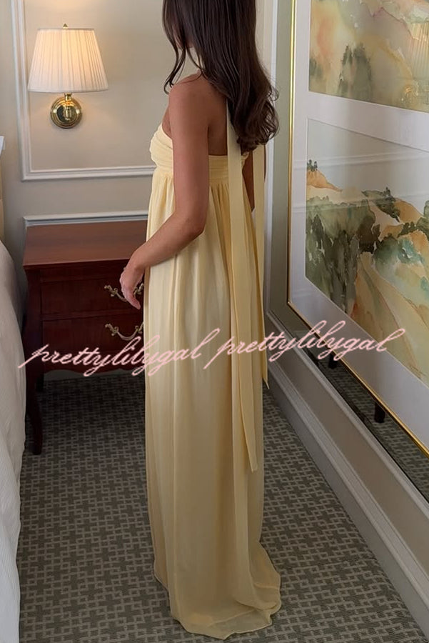 Butter Yellow Ruched Bust Off Shoulder Scarf A-line Maxi Dress