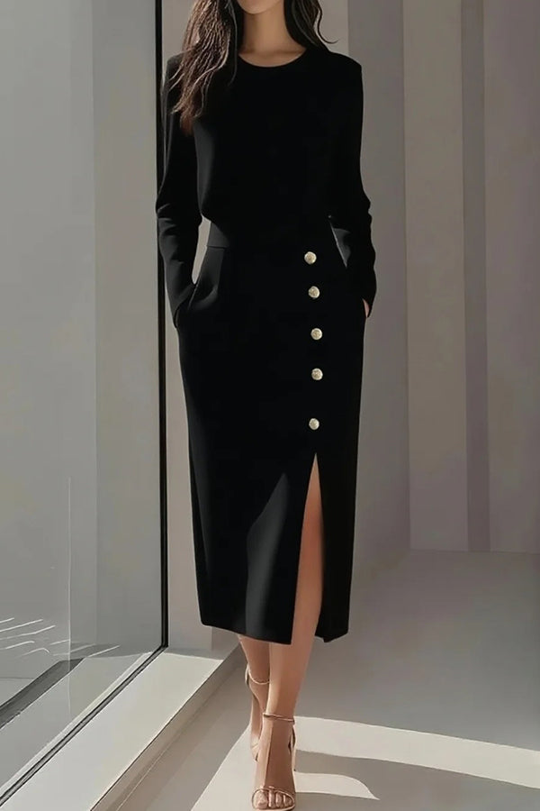 Solid Color Long Sleeves Pocket Button Decorated Slit Midi Dress