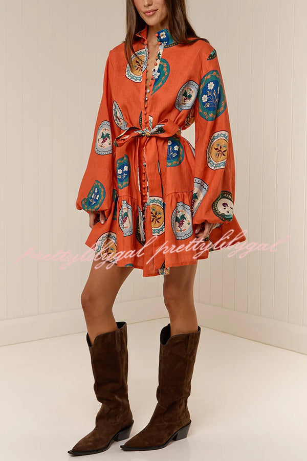 Linen Blend Unique Print Tie Waist Loose Mini Dress