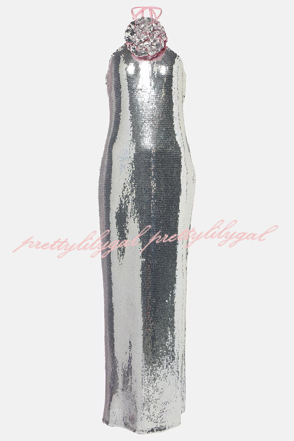 Moonlit Blooms Sequin Floral-appliqué Halter Neck Slit Gown Maxi Dress