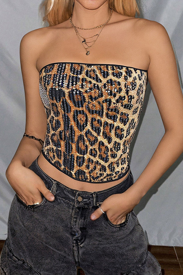 Sexy Sequined Leopard Print Off-shoulder Fitted Crop Top