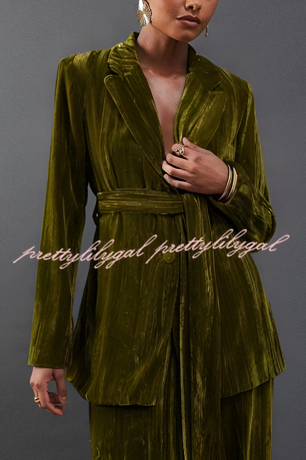 Solid Color Velvet Long-sleeved Waist Tie Top and Elastic Waist Casual Pocket Straight-leg Pants Set