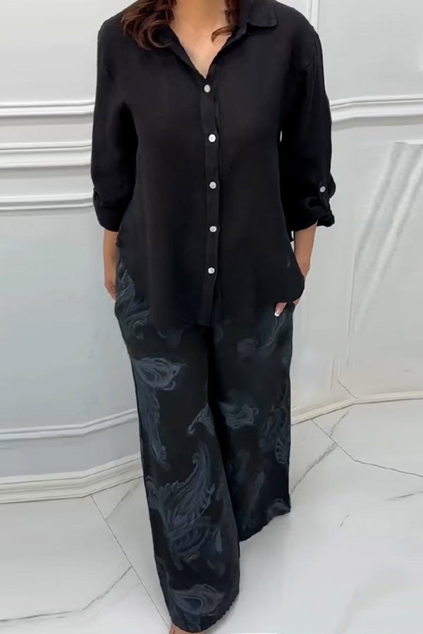 Fashion Lapel Long Sleeve Casual Shirt and Unique Print Elastic Waist Pocket Wide Leg Pants Set