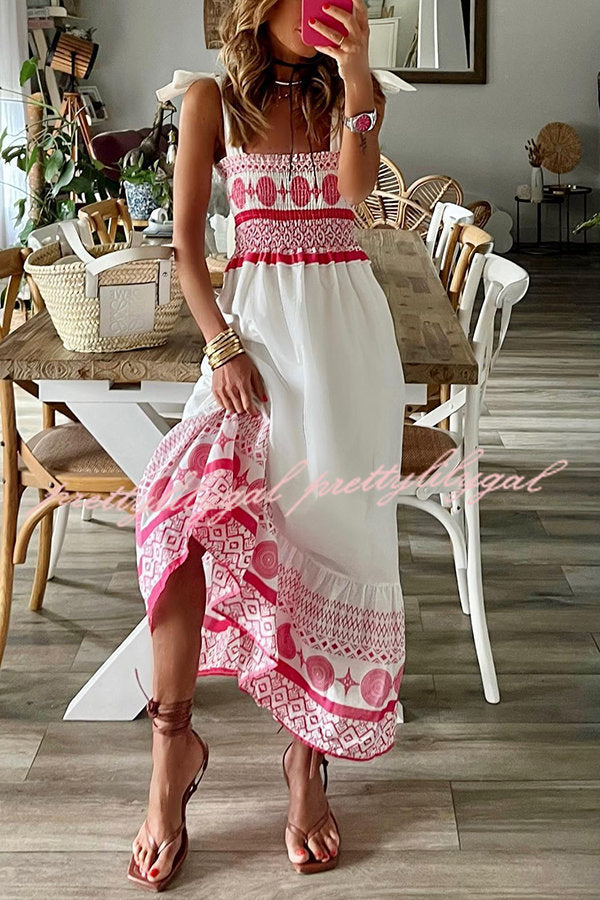 Malibu Villa Ethnic Printed Smocked Shoulder Tie Maxi Dress