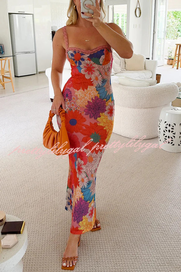 Floral Print Lace Trim Sexy Strapless Backless Slim Fit Maxi Dress