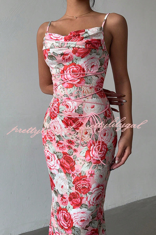 Floral Print Sexy Halter Back Slim Fit Lace Up Midi Dress