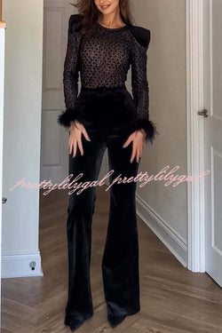 Monique Fish Scale Lace Sequin Velvet Patchwork Feather Trim Stretch Flare Jumpsuit Belted