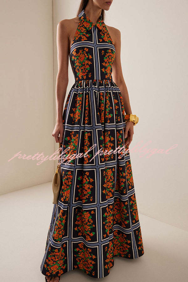 Floral Print Sexy Halter Neck Backless Elegant Maxi Dress