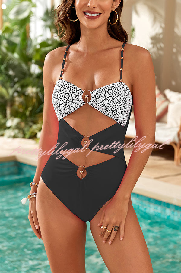 Fashionable Splicing Spaghetti Strap Metal Buckle One-piece Swimsuit