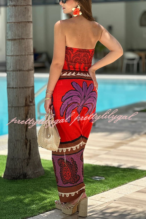 Botanical Floral Print Sexy Stretchy Tube Top High Waist Slit Maxi Dress