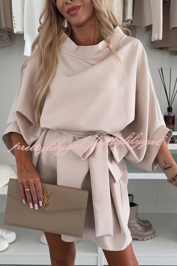 Solid Color Loose Round Neck Belted Mini Dress