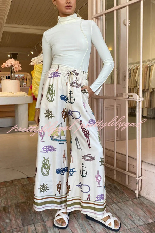 Sail Away Satin Unique Nautical Motifs Print Elastic Waist Pocketed Wide Leg Pants