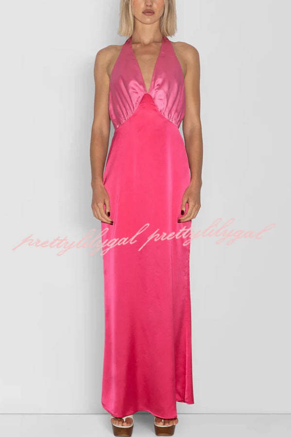 Like A Gem Satin Colorblock Halter Backless Party Maxi Dress