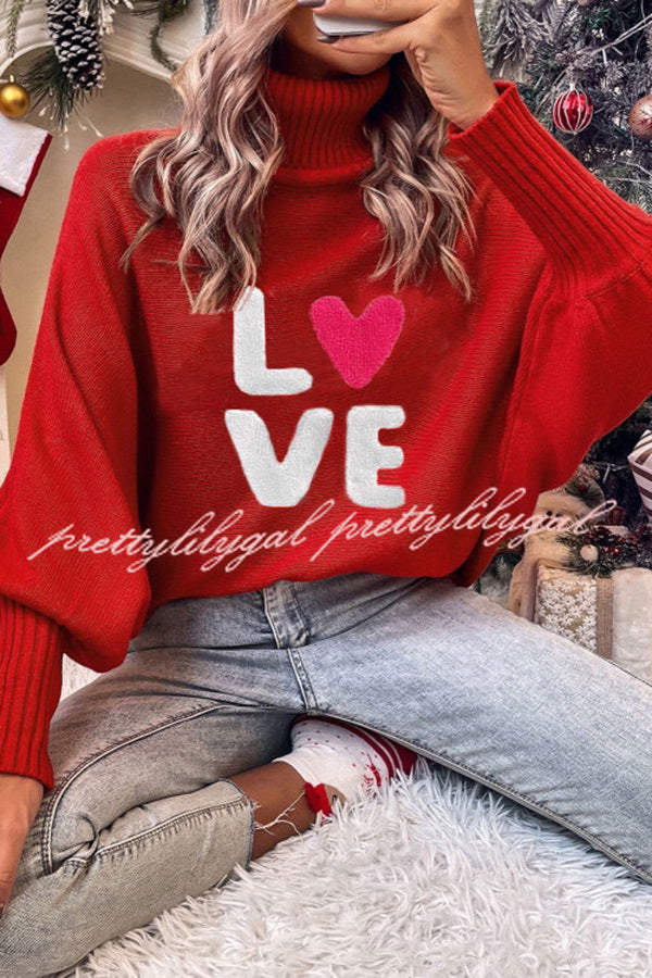 Happy Holidays Contrast Love Letter Turtle Neck Bat Sleeve Sweater