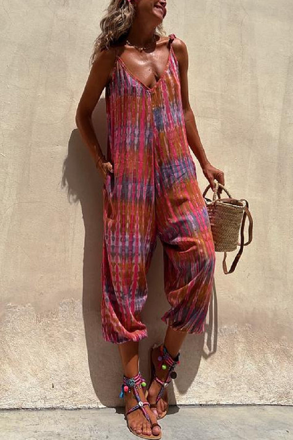 Brighton Beach Tie-dye Print Shoulder Tie Pocketed Loose Jumpsuit