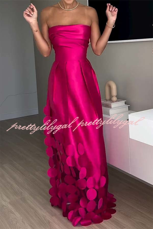 Luxurious Poise Satin Spliced mesh Polka-dot Fabric Off Shoulder Formal Maxi Dress