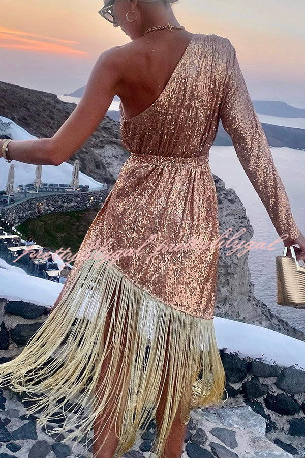 For The Love Gold Sequin One Shoulder Belted Fringes Midi Dress