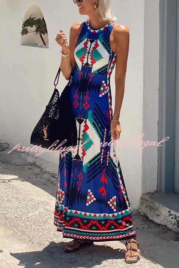 Unique Printed Round Neck Sleeveless Holiday Maxi Dress