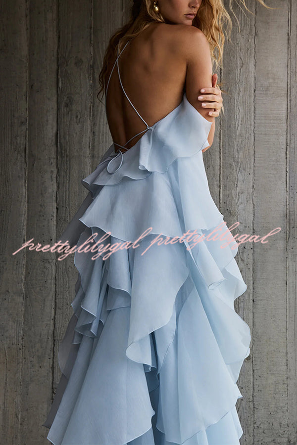 Free - Flowing Rose Detail Tiered Ruffles Halter A-line Maxi Dress