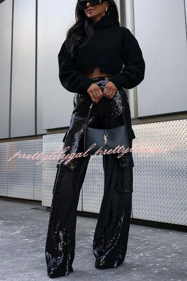 Night Gathering Sequin High Rise Pocketed Wide Leg Cargo Pants