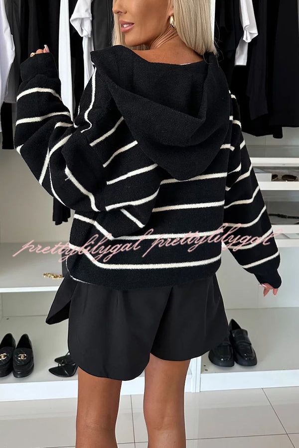 Fashion and Comfort Knit Striped Button Up Pocketed Loose Hooded Cardigan